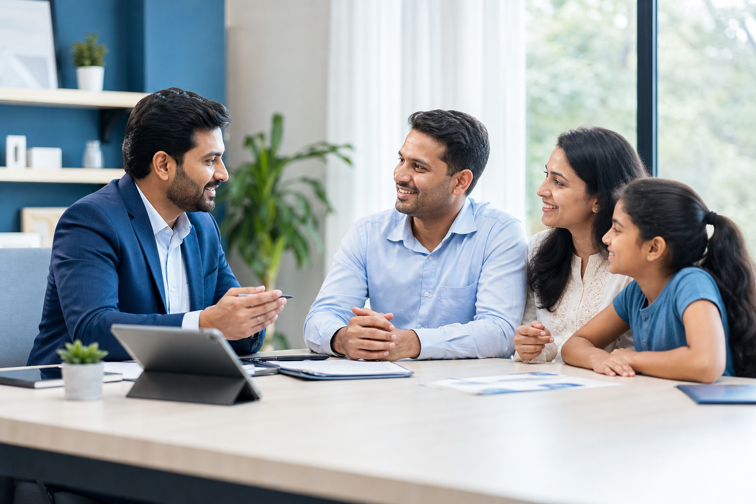 Insurance advisor discussing family protection with clients